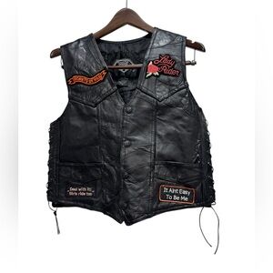 Diamond-Plate Black Motorcycle Leather Vest with Patches Women’s Small